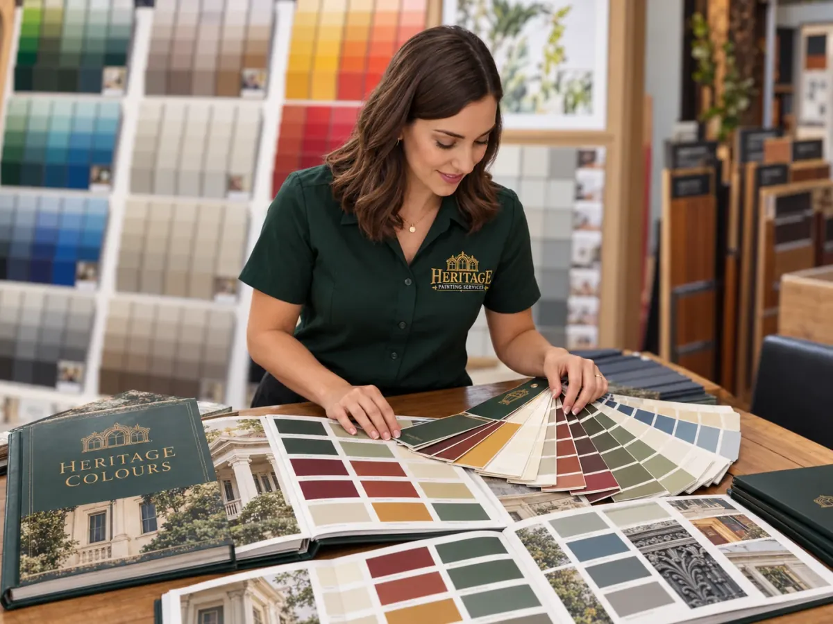Heritage Painting Services colour consultant in a green polo comparing period colour swatch fans and a Heritage Colours book at a table, with paint colour charts behind her